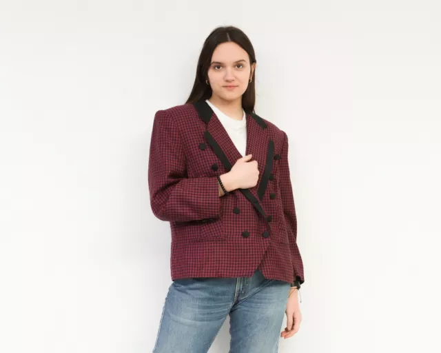 Women's XL Wool Check Plaid Tartan Blazer Cardigan Jacket Double Breasted VTG