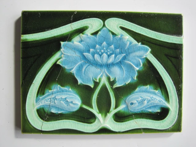 6" x 4 1/2" ANTIQUE ART NOUVEAU ALFRED MEAKIN BLUE FLORAL TILE - C1895-1910 #155