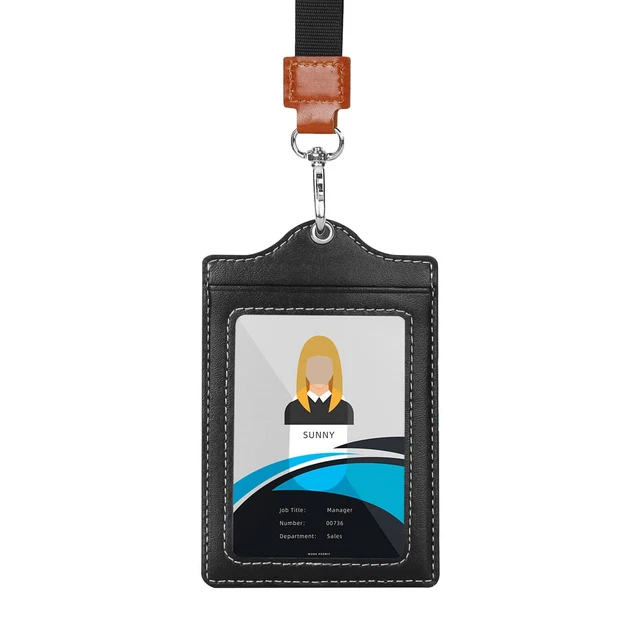 ID with Lanyard Badge Holder, Vertical Removable Neck Lanyard Leather
