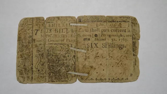 1763 Six Shillings New Jersey NJ Colonial Currency Note Bill! RARE ISSUE! 6s!