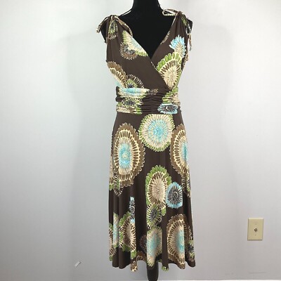 AA Studio V Neck Jersey Dress Brown Mandala Floral Print Size 10