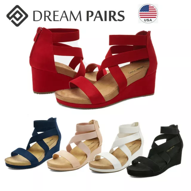DREAM PAIRS WOMENS Open Toe Elastic Ankle Strap Platform Wedge Sandals ...