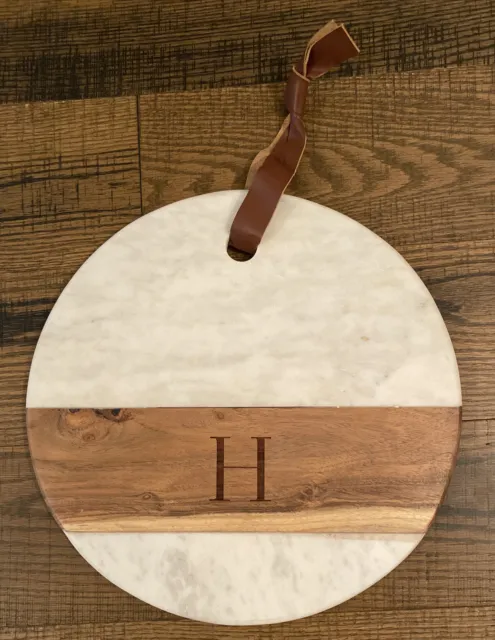 Be Home Round White Marble Acacia Wood H Cutting Cheese Board 12" Leather Strap