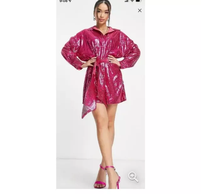 NWT! Style Cheat Asos Midi Sequin Shirt Dress Pink Barbycore Sz: 10