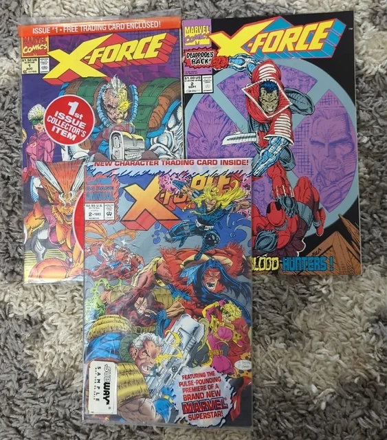 Lot Of 3 Marvel X-Force Comics #1-2 & Annual #2 Bag & Board W/ Deadpool Card