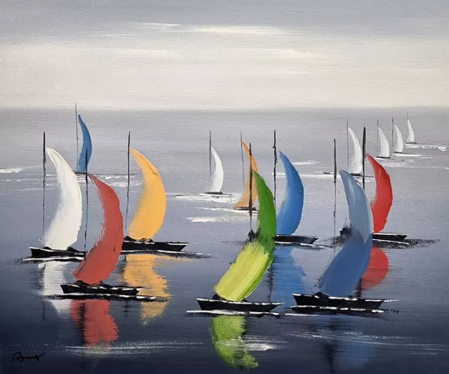 peinture marine, tableau régate bateaux colorés en mer, fond gris peinture huile