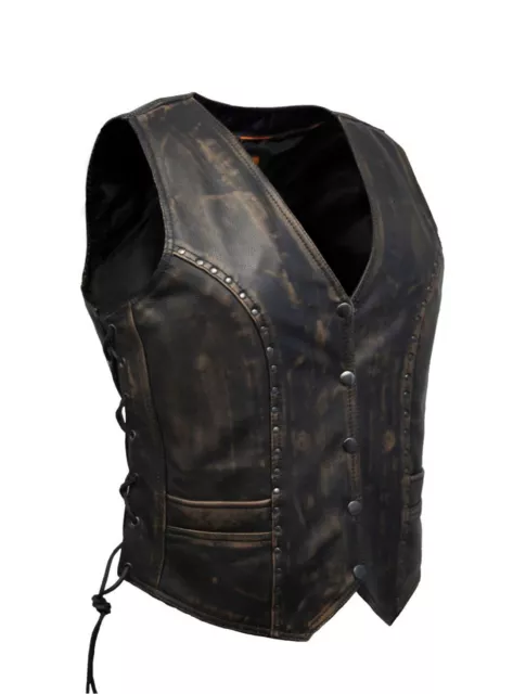 Women's Studded Distressed Brown Cowhide Leather Motorcycle Biker Vest