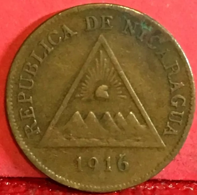 1916-H Republica De Nicaragua Bronze Un Centavo De Cordoba Km# 11