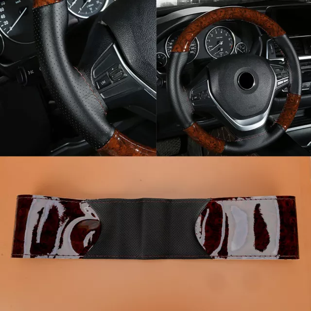 Wood Grain Hand Sewing Non-Slip Car Steering Wheel Cover w/ Needle&Thread set