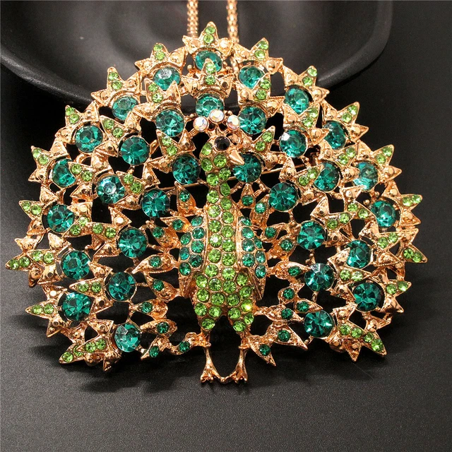 Gifts Betsey Johnson Green Crystal Bling Peacock Animal Pendant Chain Necklace