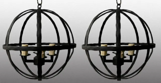 Pair 1920S Style Spanish Revival Wrought Iron Hanging Pendant Lamp Chandelier