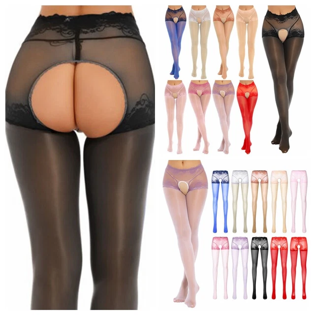 Womens Glossy Stretchy Open Crotch Leggings Solid Color Elastic