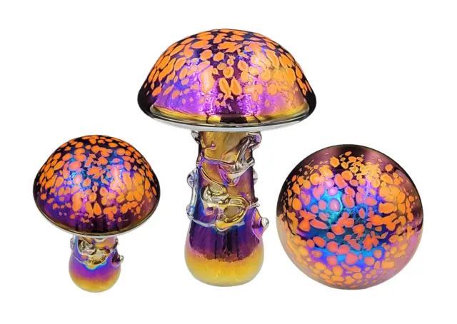 Neo Art Glass handmade orange iridescent mushroom paperweight ornament glassware