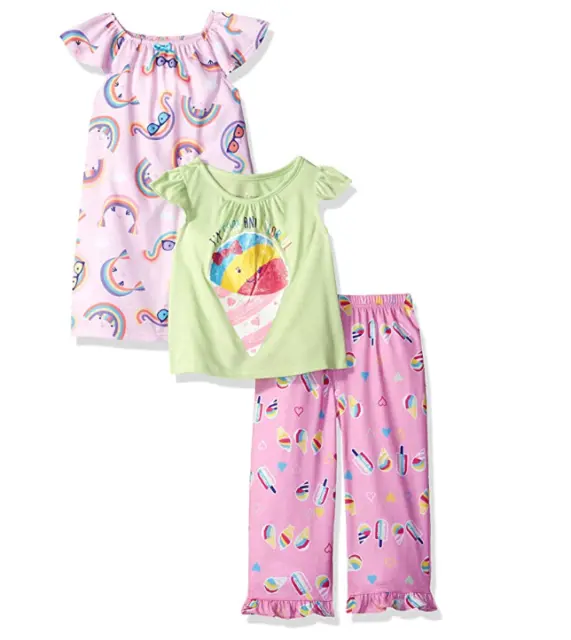 Girl's Pink And Green 3 Piece Short Sleeve Pajama Set