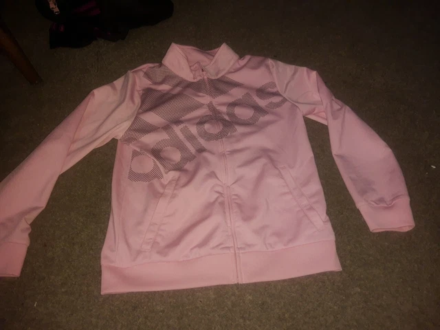 Nuovo Ragazze Manica Lunga Top Adidas Nero Rosa Giacca Zip Taglia - 12 14 Grande