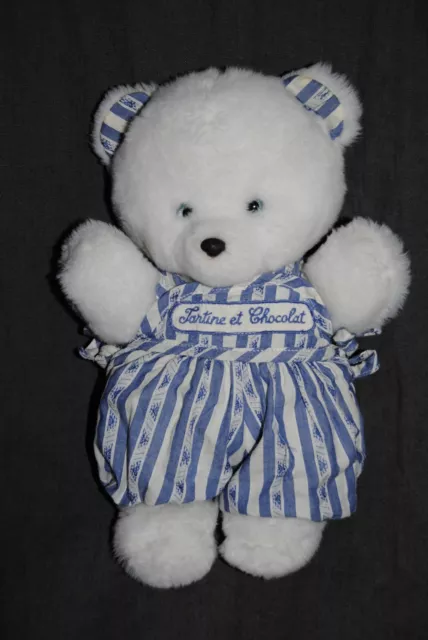 Peluche Doudou Ours Blanc TARTINE Et CHOCOLAT Salopette Bleu Rayé 30 Cm TBE