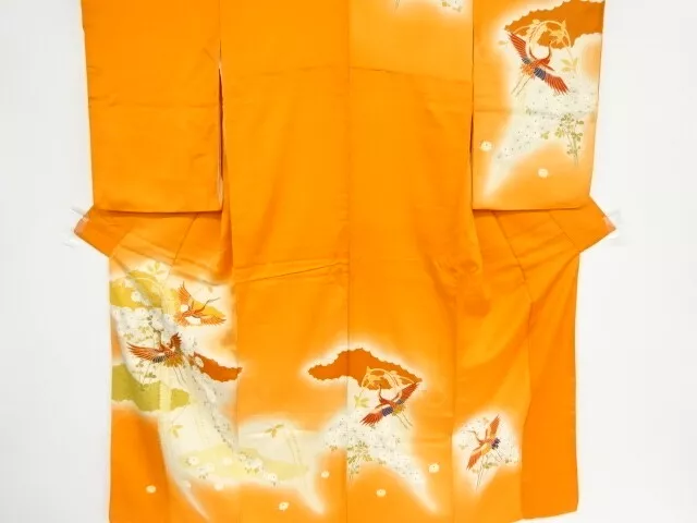 80715# Japanese Kimono / Antique Kimono / Embroidery / Crane With Kiku & Pau