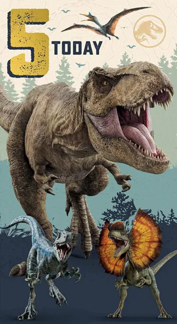 Tarjeta de cumpleaños de 5 dinosaurios de Jurassic World Edad Parque Jurásico tarjeta de cumpleaños
