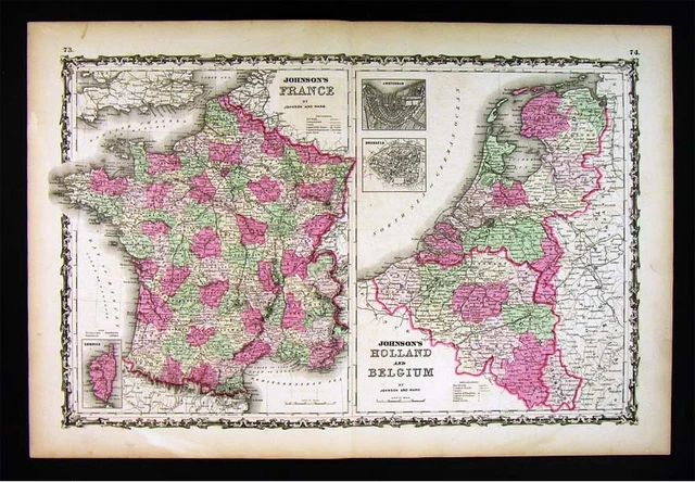 1860 Johnson Map - Holland Belgium Amsterdam Brussells France Paris Netherlands