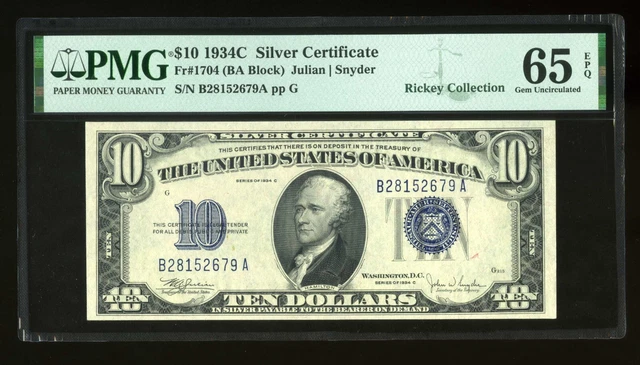 DBR 1934-C $10 Silver Gem Fr. 1704 PMG 65 EPQ Serial B28152679A
