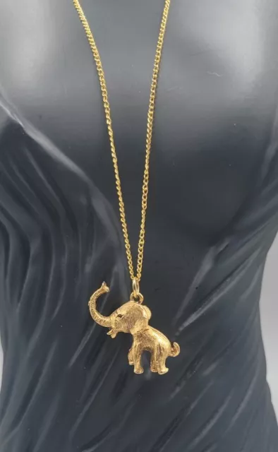 Elephant Pendant Necklace 16" Gold Tone Trunk Up