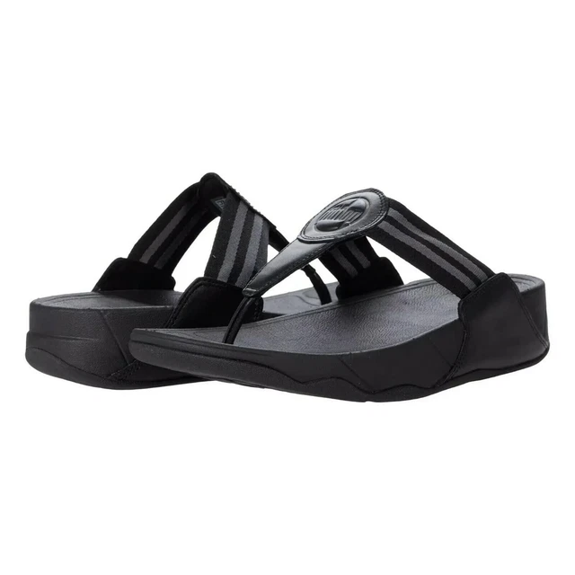 FitFlop Walkstar DX4-090 Womens All Black Slip-On Toe Post Wedge Comfort Sandals
