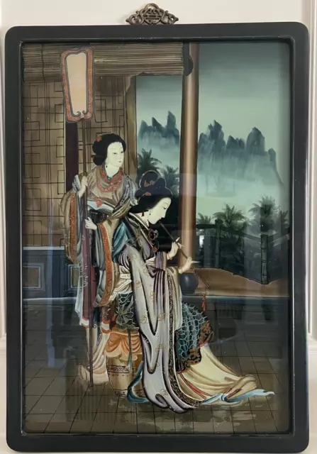 Vintage Chinese / Japanese Reverse Glass Painting Geisha Playng Instrument 27.5"