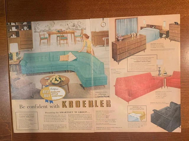 Magazine Ad* - 1957 - Kroehler Furniture - Mid Century Modern - (two-pages)