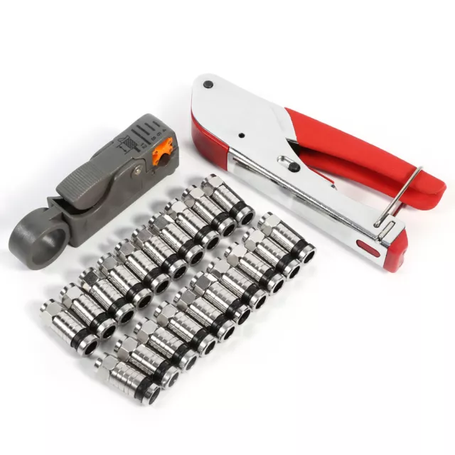 F-Type Compression Crimp Tool Kit RG6 RG59 Coaxial Cable Cutter + 20 Connectors