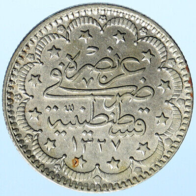 1327 AH 1909 TURKEY OTTOMAN Sultan Mehmed V Resad OLD Silver 5 Kurus Coin i99336
