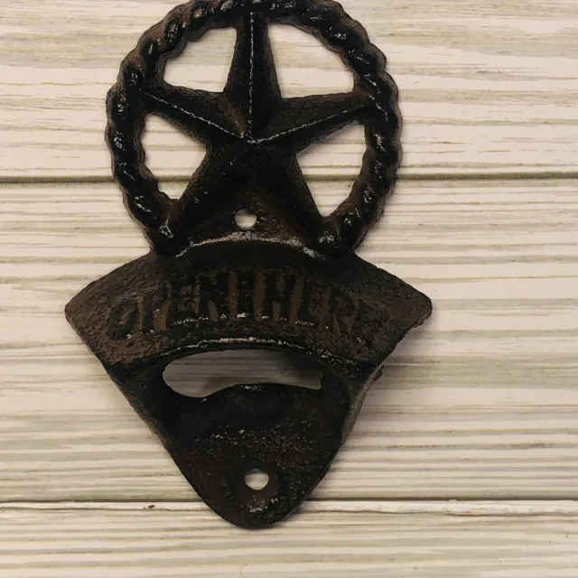 Cast Iron Western Star Rope Open Here Beer Bottle Opener Wall Mounted Rustic