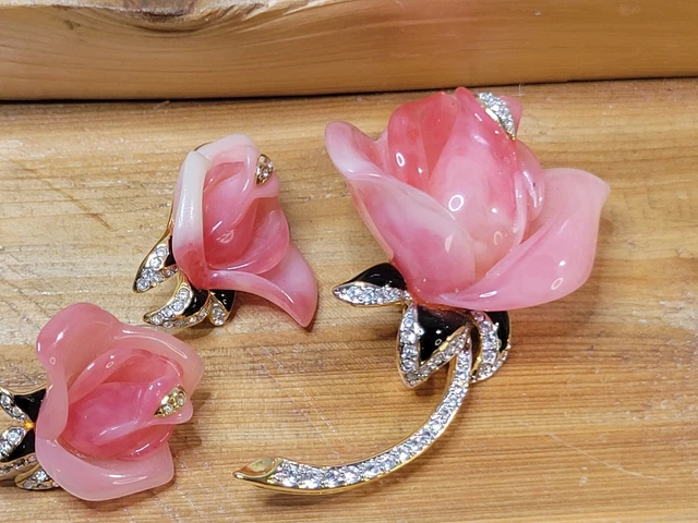 Signed Kenneth J Lane Lucite Pink Rose & Rhinestones Vintage Costume Jewelry Set
