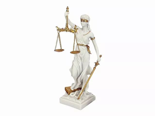 Blind Goddess of Justice Themis Lady Justica Statue Sculpture Figure White Gold