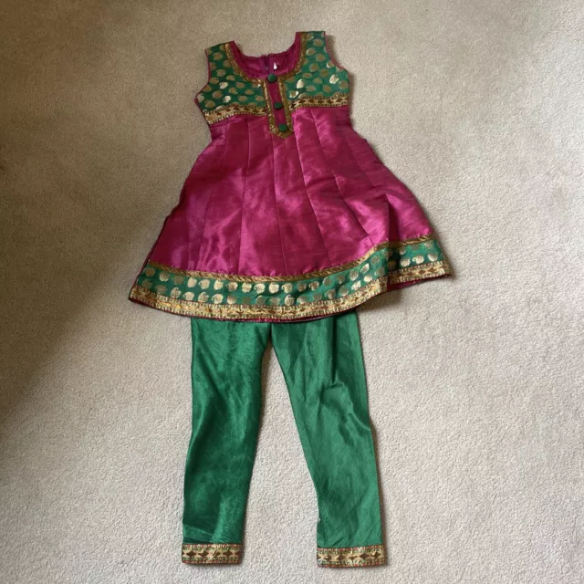 Girl's Indian Anarkali dress and pants size 26, sleeveless, magenta/green/gold
