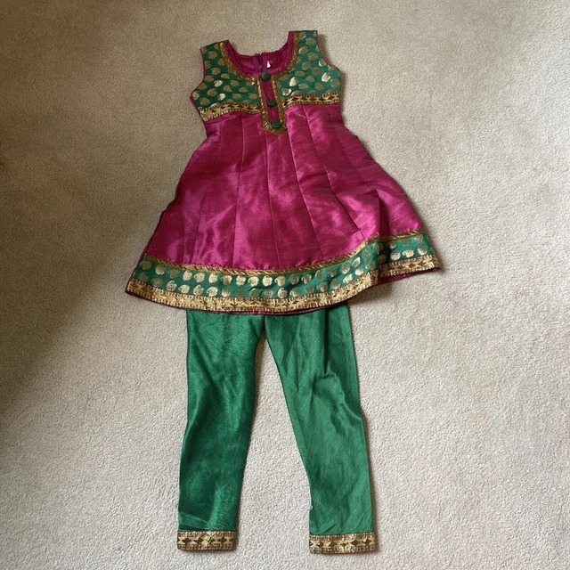 Girl's Indian Anarkali dress and pants size 26, sleeveless, magenta/green/gold