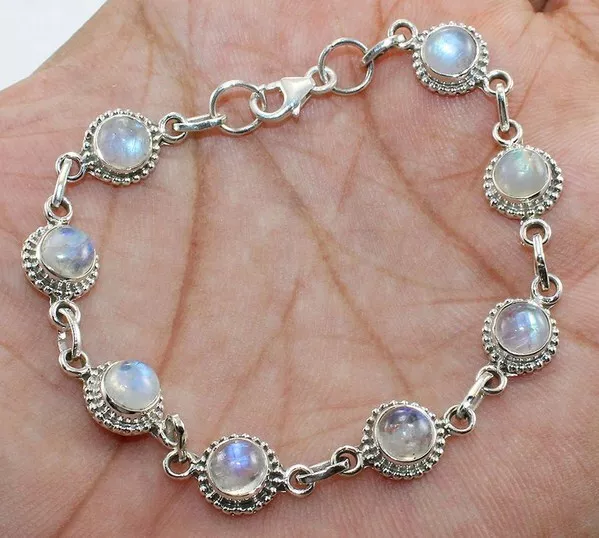 925 Sterling Silver Natural Round Rainbow Moonstone Bracelet Wedding Gift