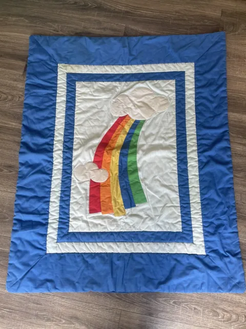 Vintage Baby Lap Quilt Wall Hanging Blue  Rainbow Clouds Pride 37” X 49”