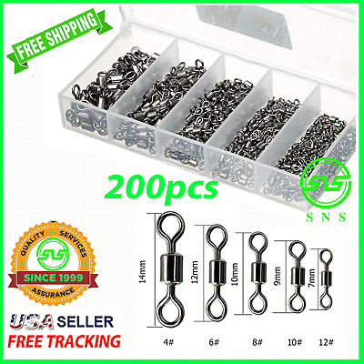 Fishing SWIVELS 200pc Ball Bearing Solid Ring Hook Connector Tackle #4 6 8 10 12