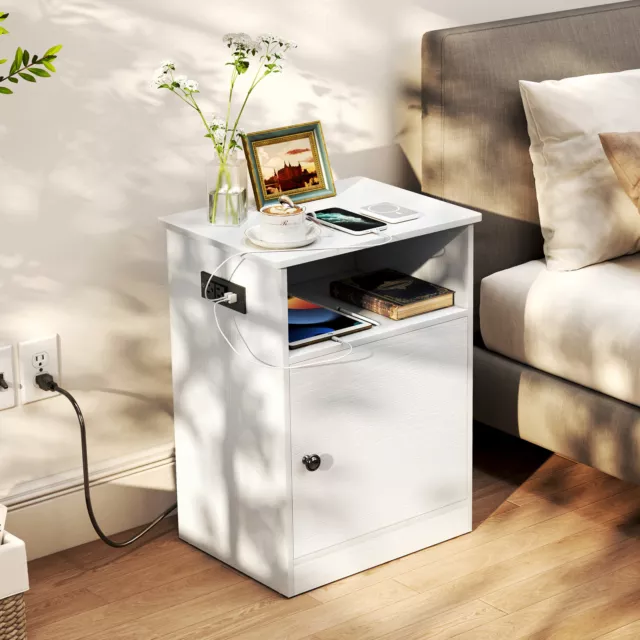 TC-HOMENY White Nightstand with Charging Station Wood Night Stand Side End Table