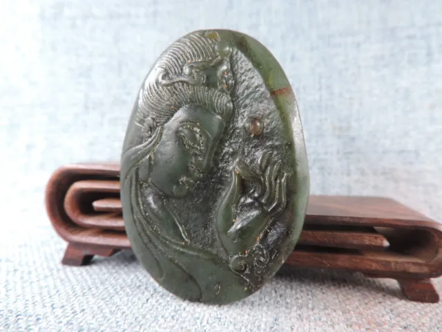 Vintage Chinese Hand-carved Hetian Jade Buddha GUANYIN Statue Pendant Amulet B