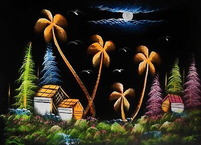 Painting On Velvet Cloth Colorful  Night scene in a Village 27" X 20.5"