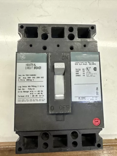 GENERAL ELECTRIC TED134020V CIRCUIT BREAKER  20Amp 480VAC/250VDC 3-Pole NTO 2