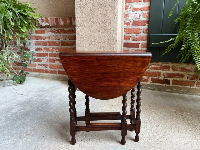 Antique English Drop Leaf Tea Table Barley Twist SUPER PETITE Dark Oak Gate Leg