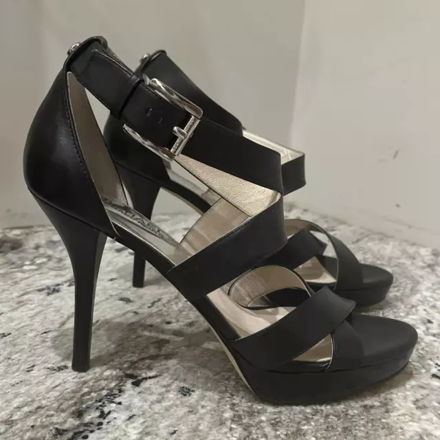 MICHAEL KORS Evie Platform Black Leather Womens Open Toe Strappy 4" Heels Size 8
