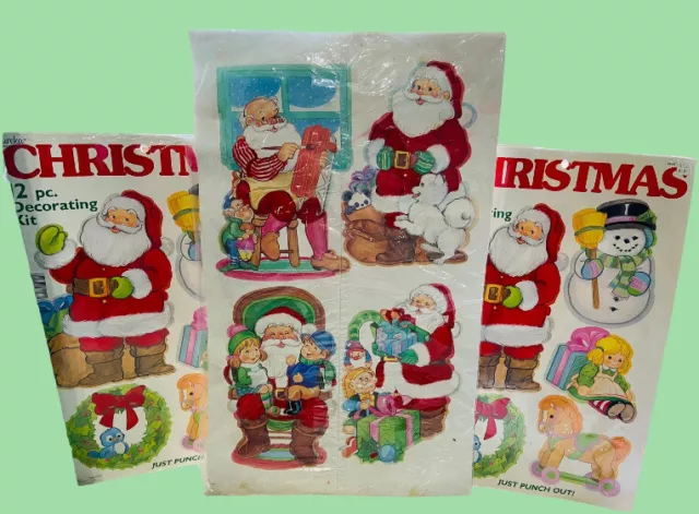 One Vtg Christmas Flocked and Two Plain Santa Die Cuts Printed on Both Sides