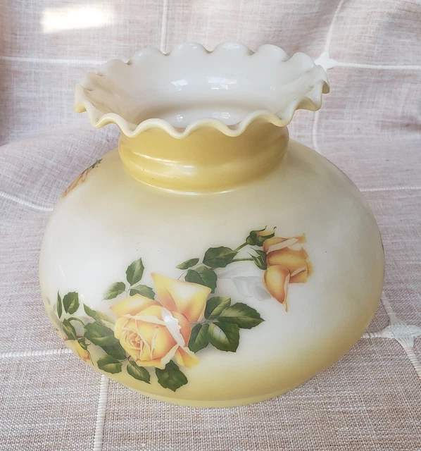 Vintage GWTW 7” Fitter Yellow Roses Milk Glass Hurricane Lamp Shade