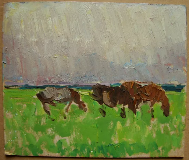 Ukrainian Soviet USSR Oil Painting Impressionism landscape pointillism horses