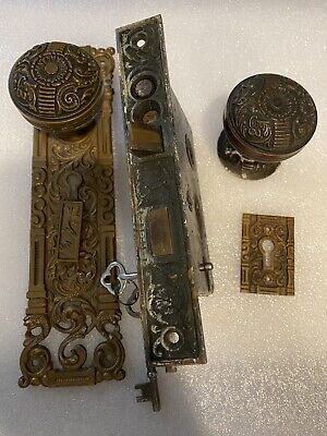 ANTIQUE Large Penn Portulaca Entry Lockset BACKPLATE, Door Knobs And Rosette