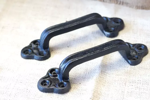 2 Cast Iron Handles Door Hardware Pull Gate Shed Drawer Cabinet Barn Black Grasp