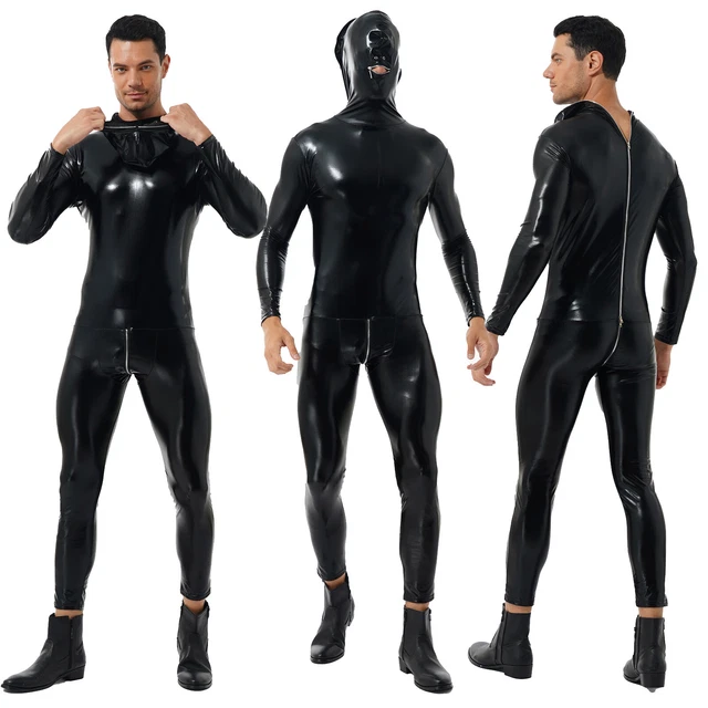 MEN'S WET LOOK PVC Leather Bodysuit Leotard Bodycon Latex Role Play